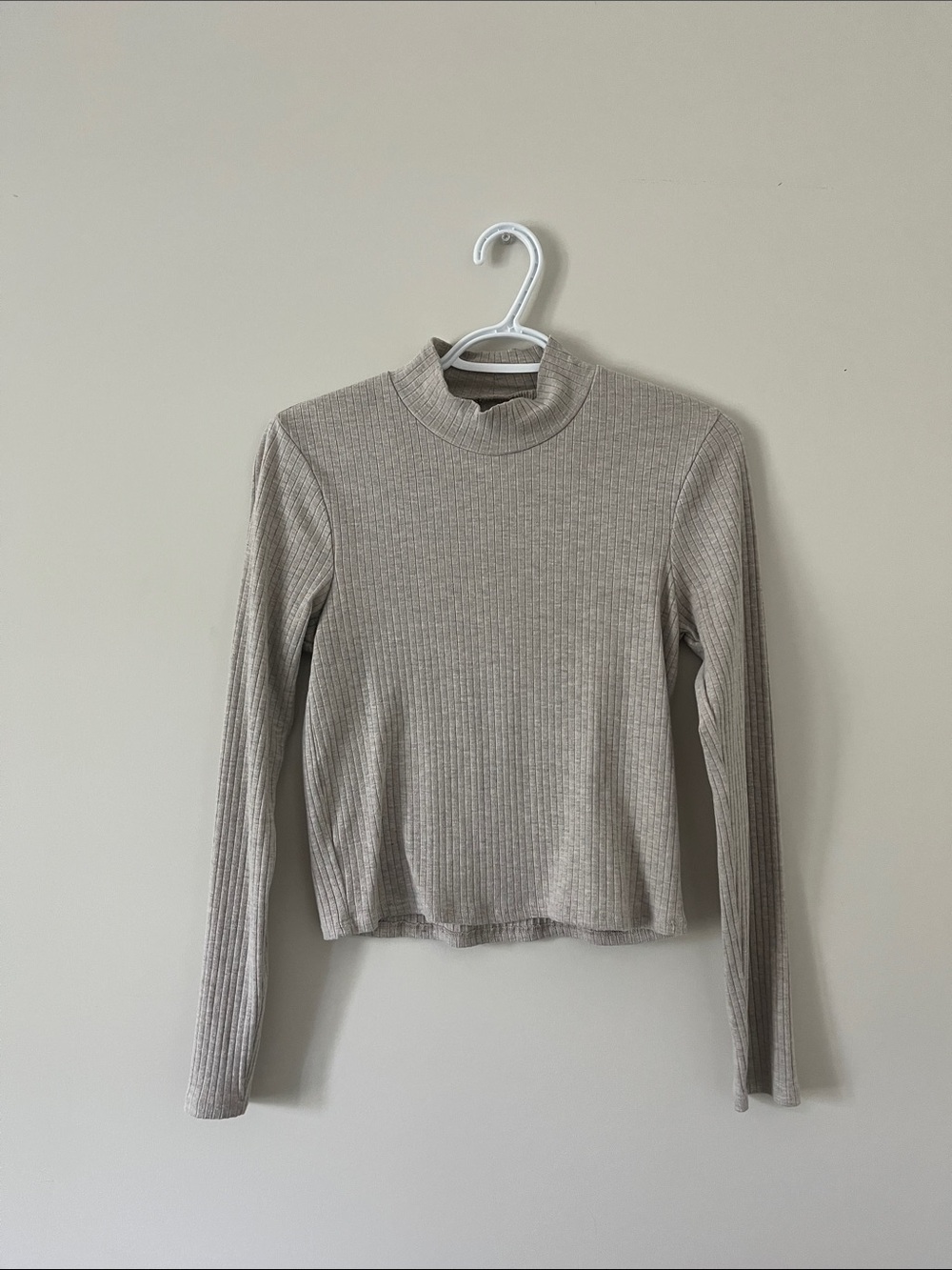 Ribbed Mock Neck Long-Sleeve Top - Beige